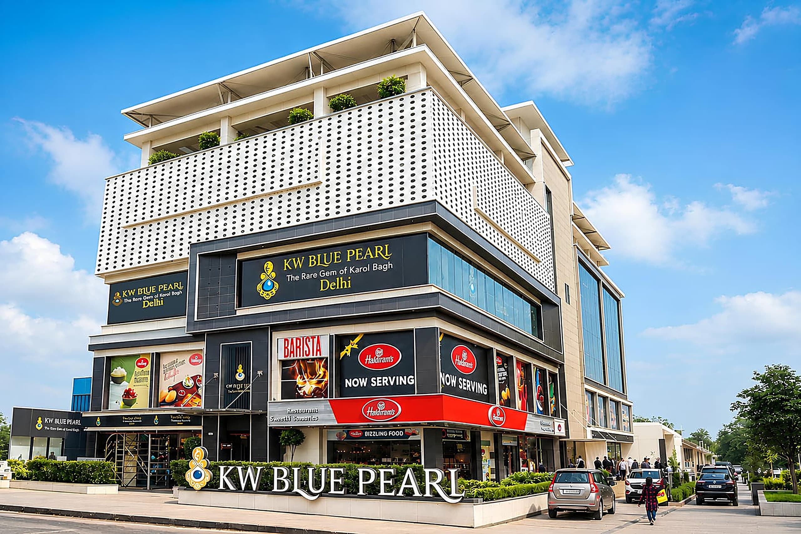 KW Blue Pearl dynamic blue-glass facade on DB Gupta Road, Karol Bagh, New Delhi
