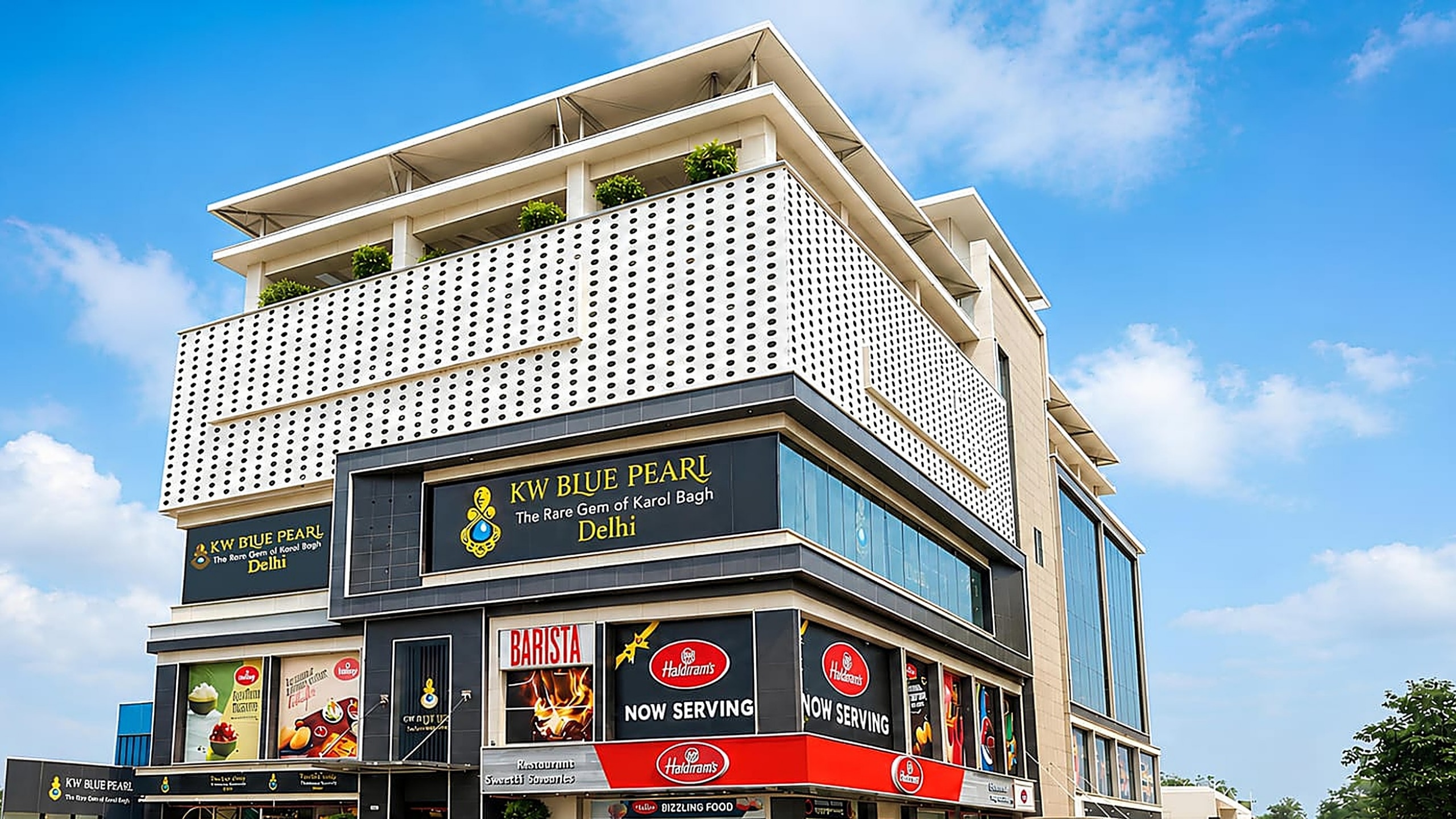KW Blue Pearl dynamic blue-glass facade on DB Gupta Road, Karol Bagh, New Delhi
