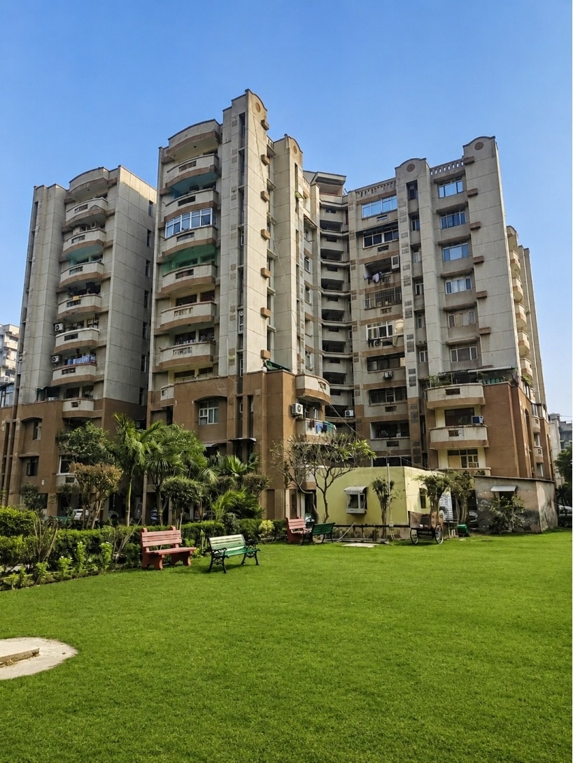 Designer Park residential towers over the landscaped community lawn in Noida — delivered 2007